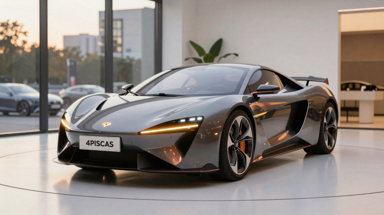 Carro esportivo cinza com design aerodinâmico e faróis de LED em showroom moderno.