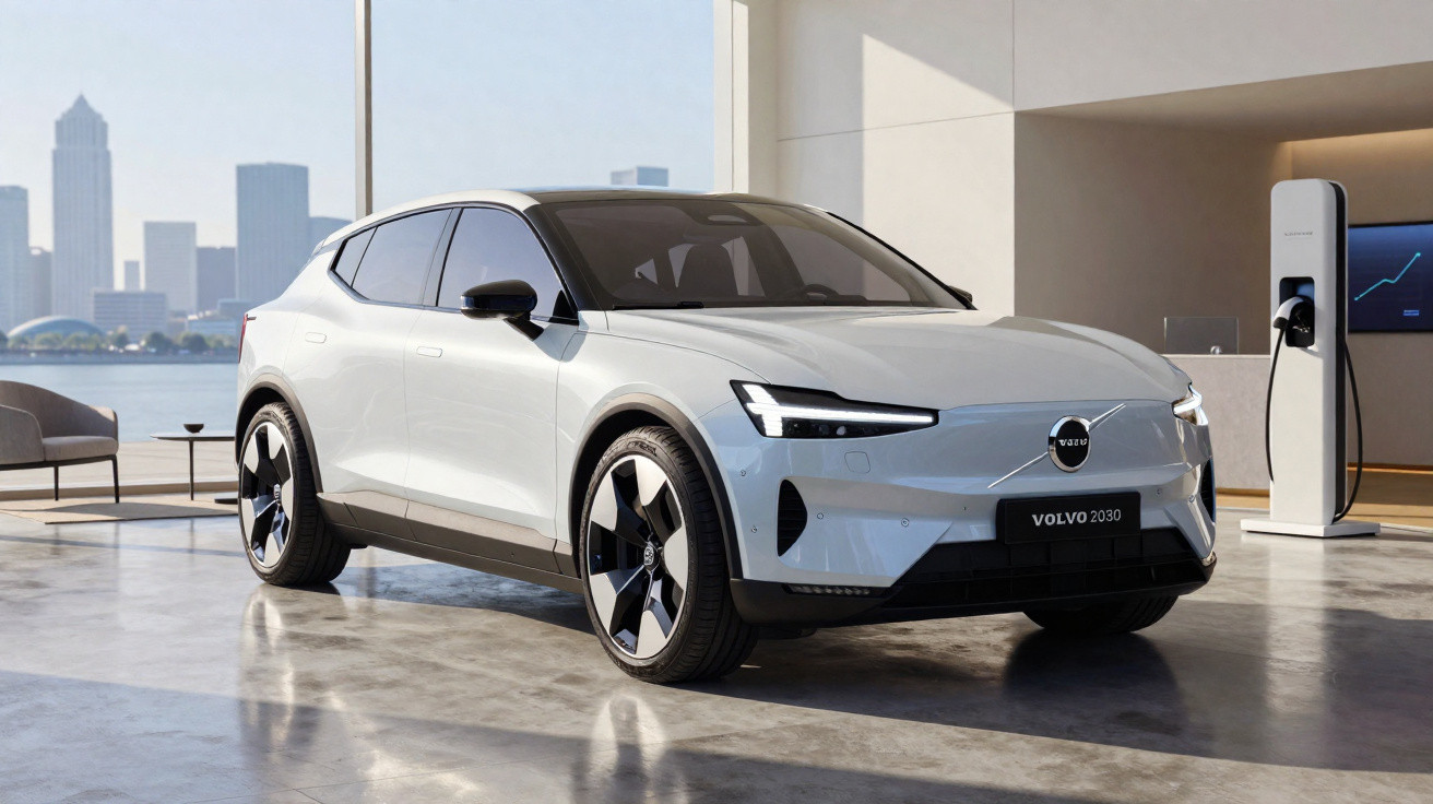 Carro elétrico Volvo branco estacionado em garagem moderna com estação de carregamento ao lado.