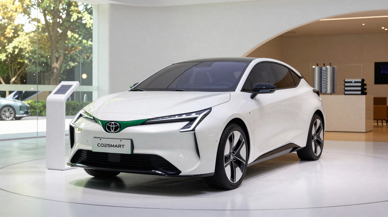 Carro elétrico branco Toyota moderno em exposição interna com design futurista e faróis em LED.