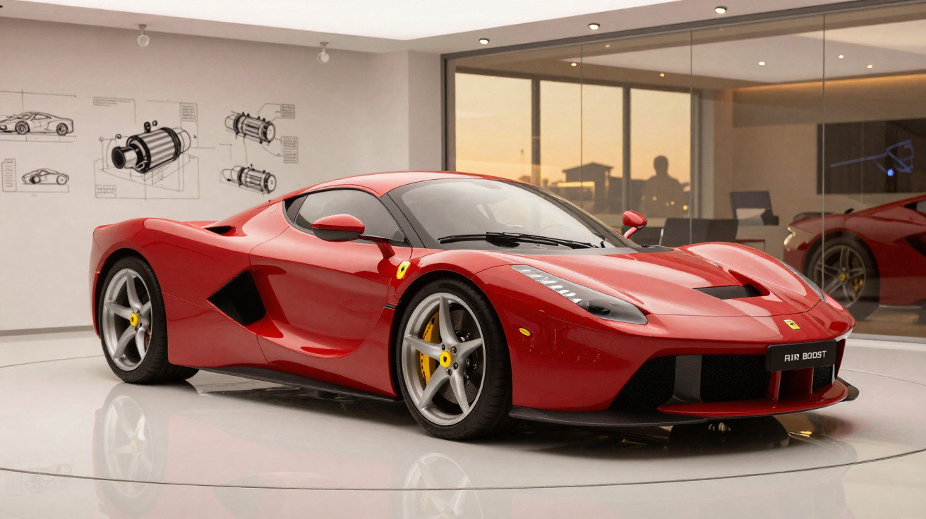 Carro esportivo Ferrari vermelho exibido em sala branca com desenhos técnicos na parede.