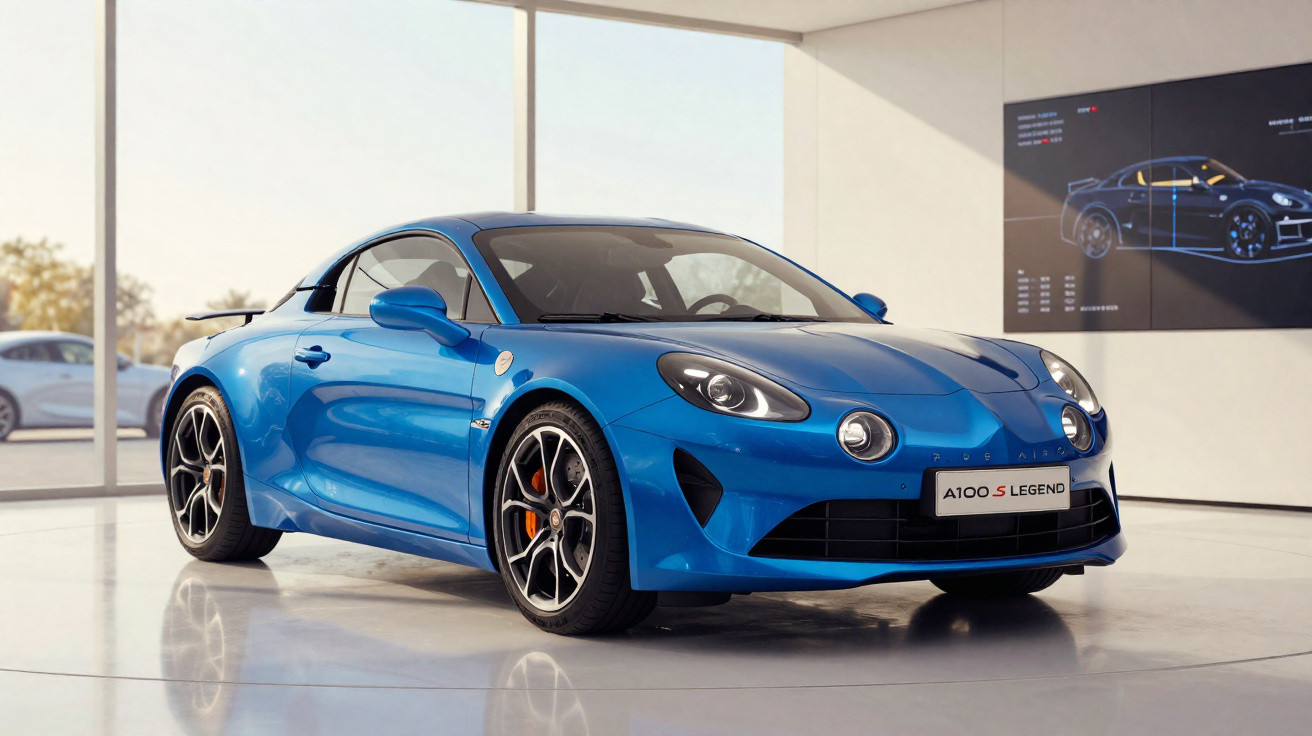 Carro esportivo azul Alpine A110S Legend em exposição com luz natural e projeto digital ao fundo.