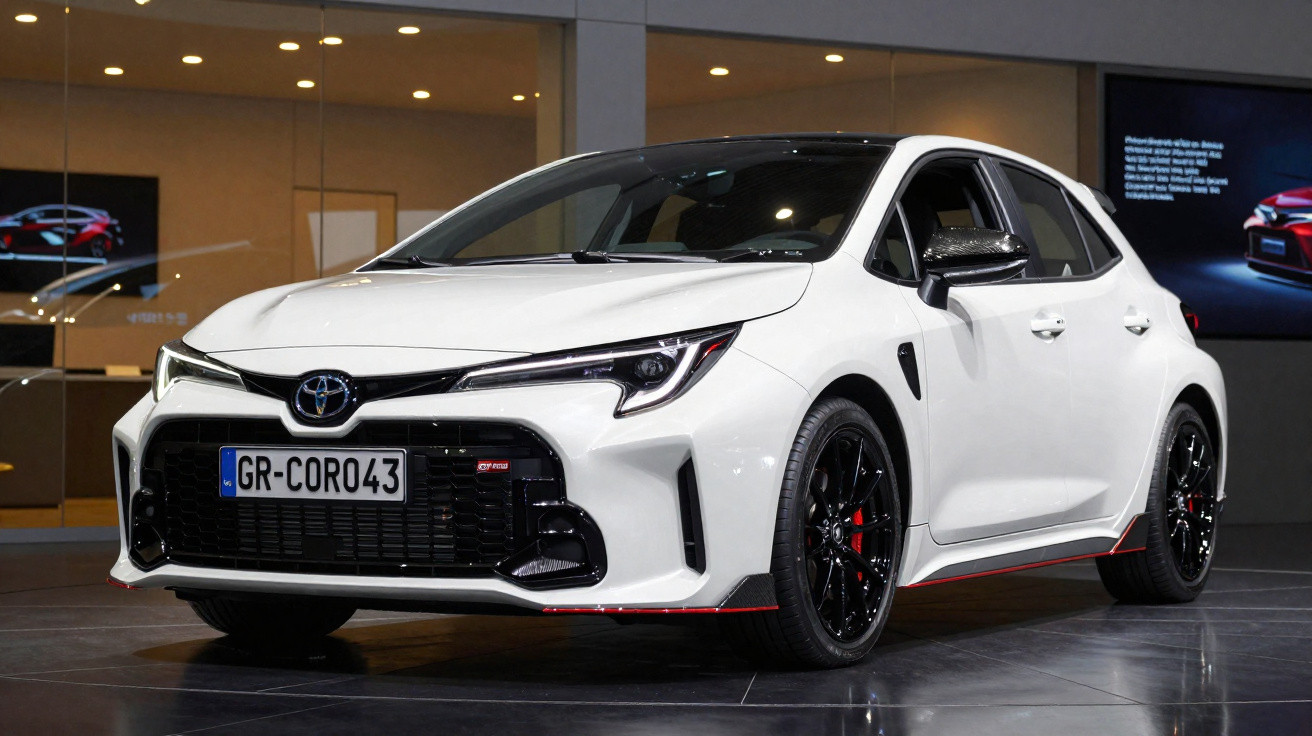 Carro esportivo branco Toyota GR Corolla em exposição, com detalhes em preto e vermelho.