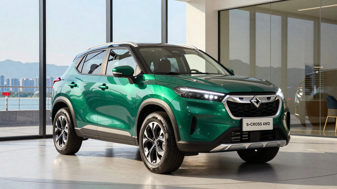 SUV verde metálico S-Cross 4WD estacionado em ambiente interno moderno com vista para cidade ao fundo.