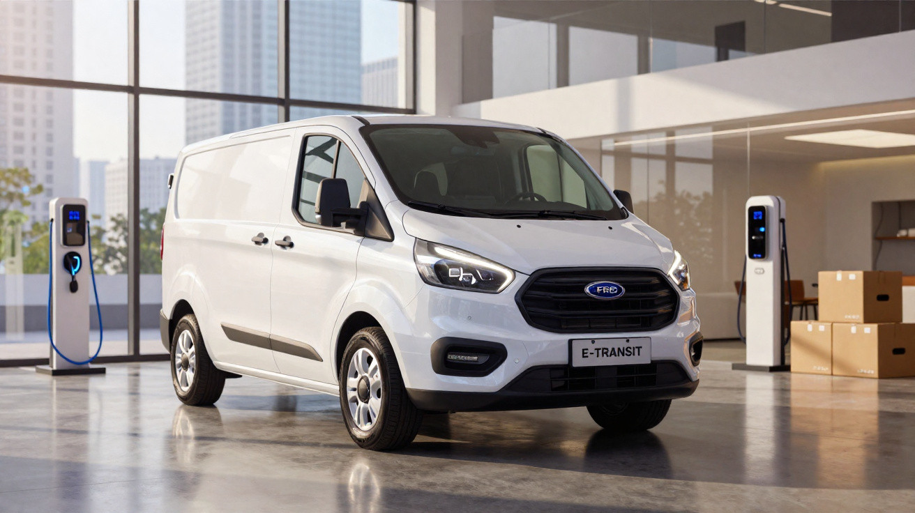 Van elétrica branca modelo E-Transit estacionada em ambiente moderno com estações de recarga e caixas ao fundo.