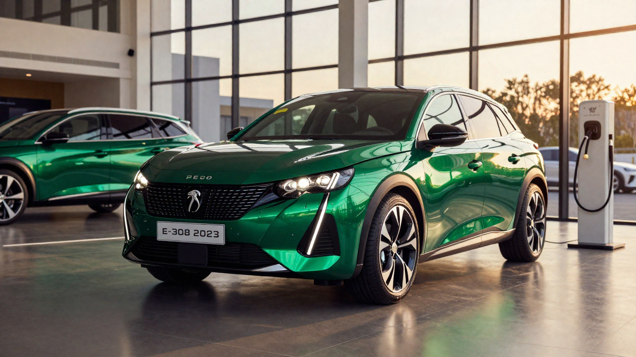 Carro elétrico verde Peugeot E-308 2023 em showroom moderno com estação de recarga ao lado.