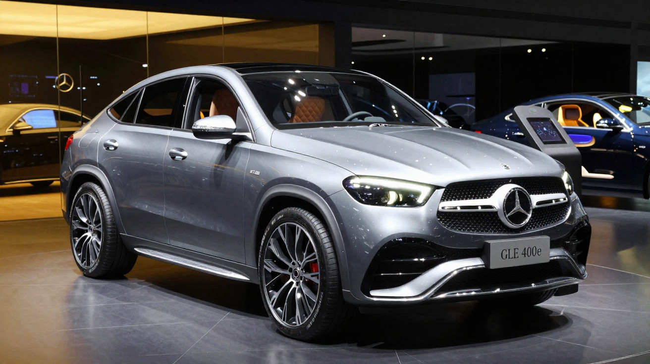 Carro prata Mercedes-Benz GLE 400e estacionado em salão de automóveis moderno e iluminado.