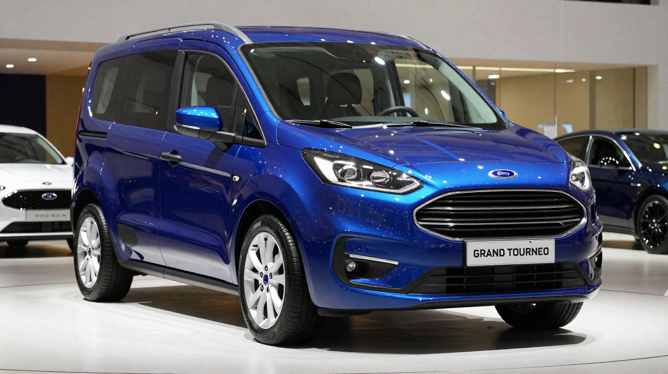 Carro Ford Grand Tourneo azul exibido em salão automotivo com destaque para a frente e laterais.