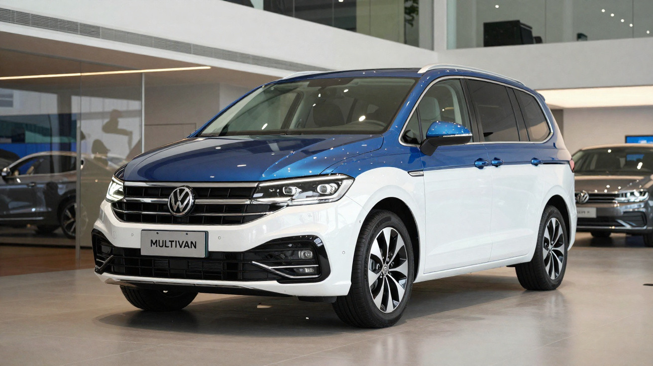 Volkswagen Multivan branco e azul exposto em showroom moderno com piso brilhante.