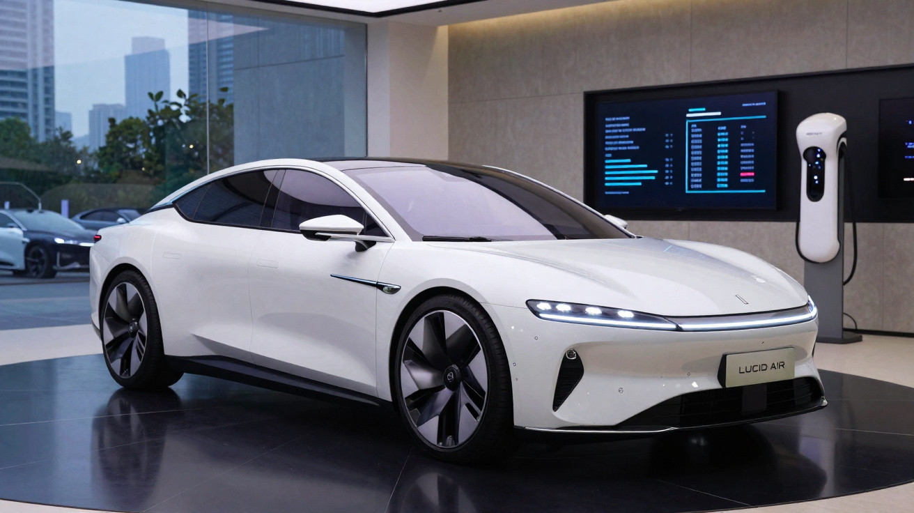 Carro elétrico branco Lucid Air exposto em showroom moderno com estação de carregamento ao fundo.