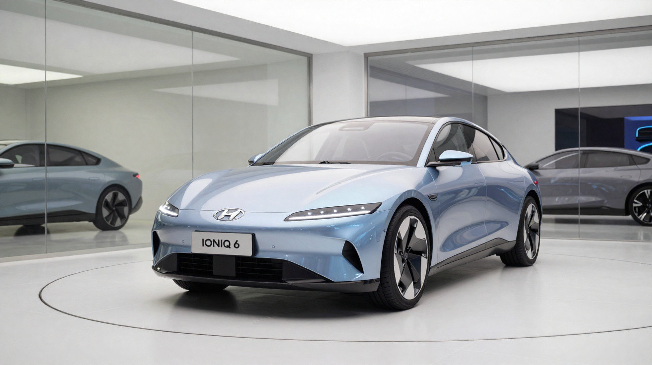 Carro elétrico Hyundai Ioniq 6 azul claro em exposição em ambiente moderno com paredes de vidro.