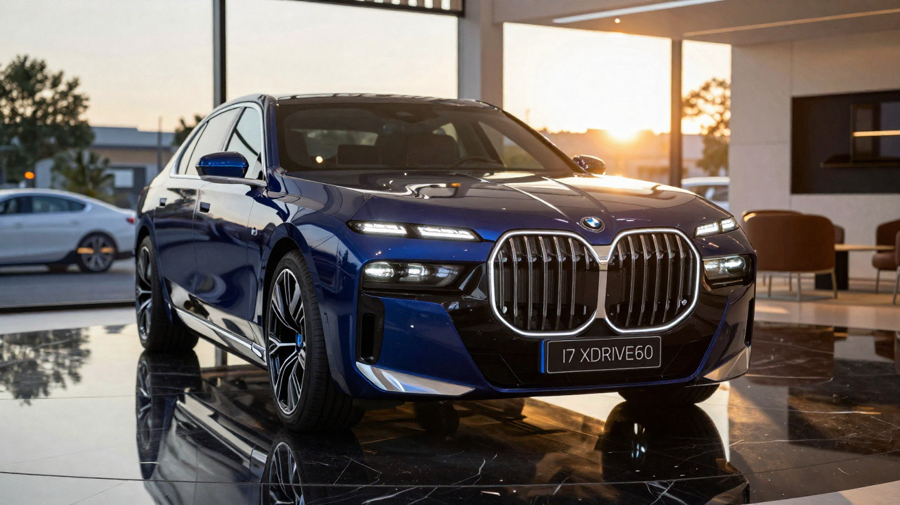 Carro sedã BMW azul escuro exibido em showroom moderno com luz do pôr do sol ao fundo.