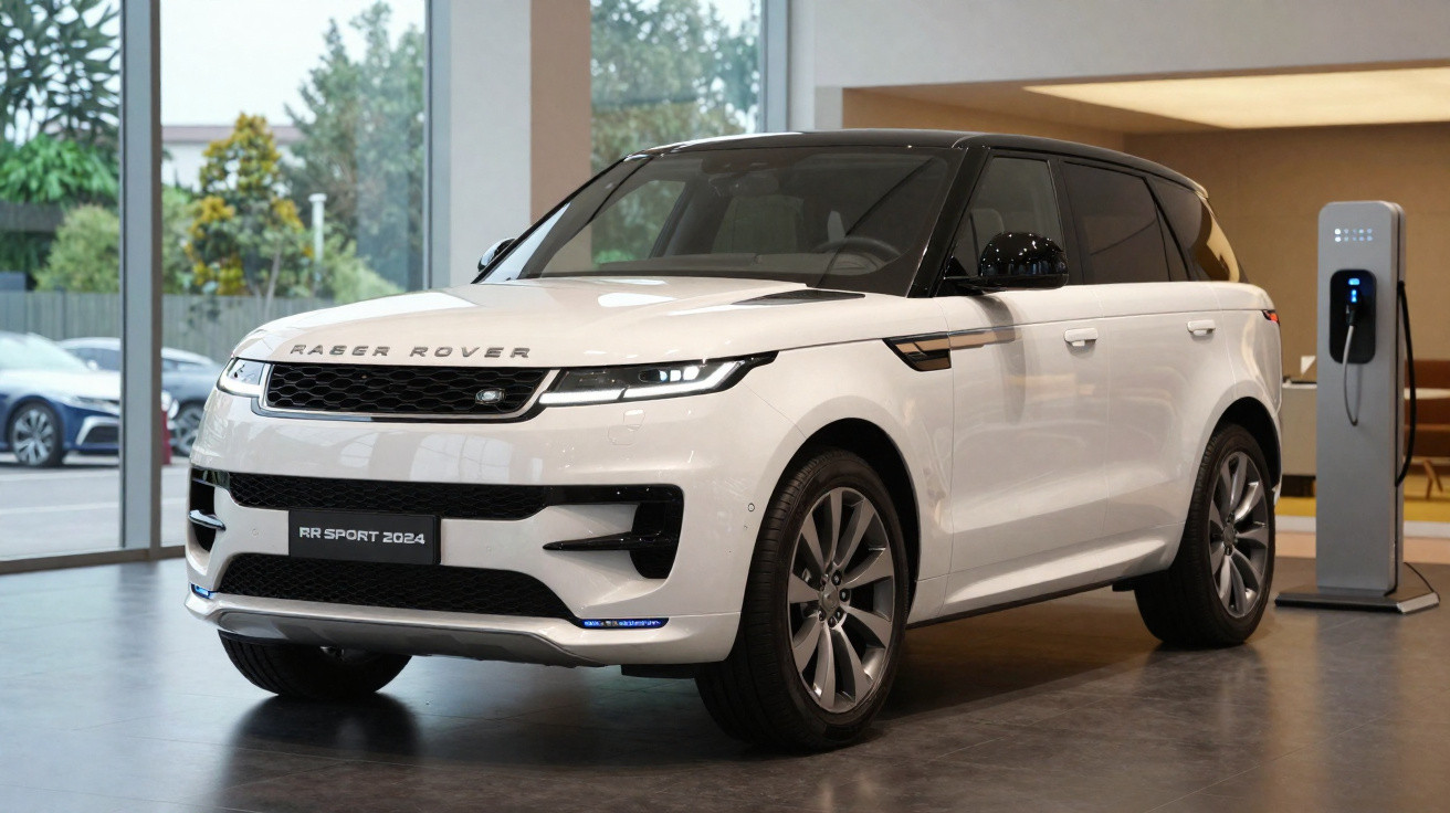Range Rover branco 2024 modelo RR Sport em showroom com carregador elétrico estacionado ao lado.
