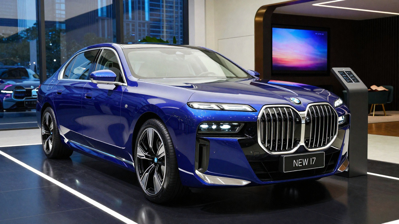 Carro sedan azul BMW novo modelo I7 exposto em showroom moderno com iluminação elegante.