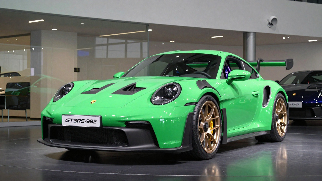 Carro esportivo Porsche GT3 RS verde com rodas douradas em ambiente interno moderno.