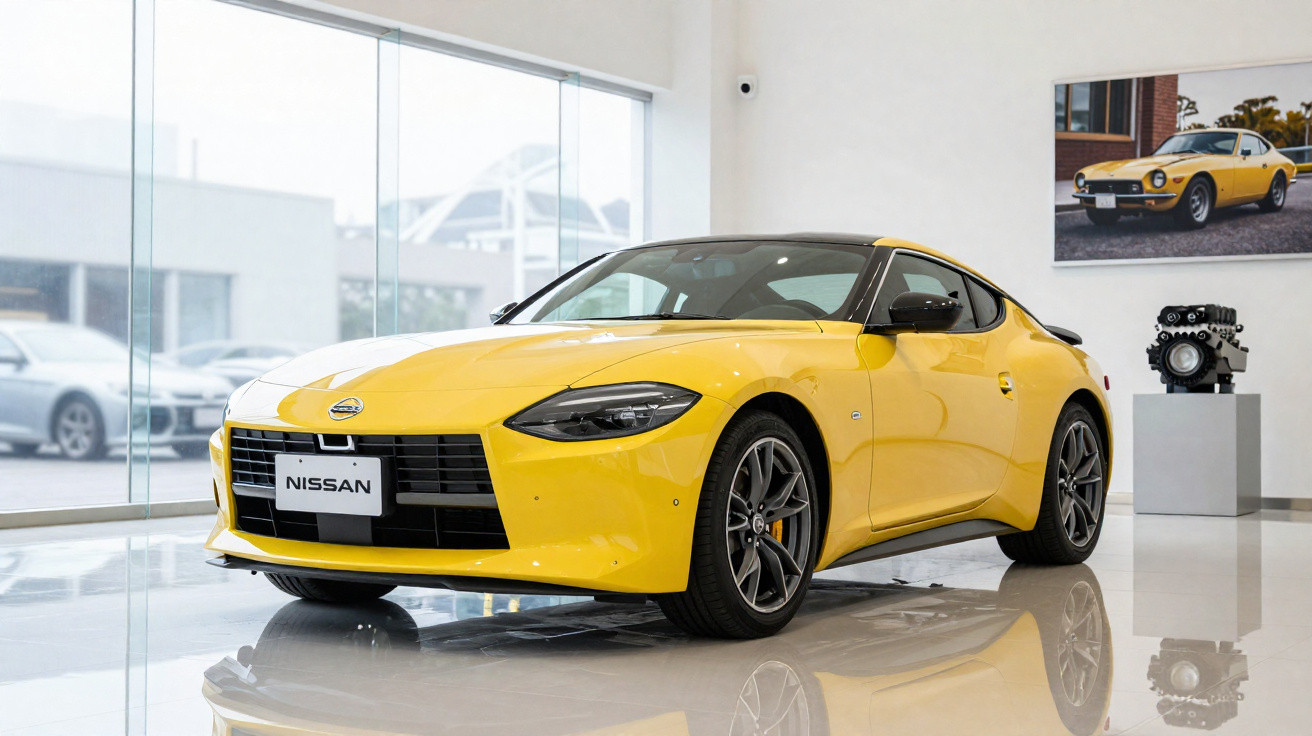 Carro esportivo amarelo Nissan Z estacionado em showroom com piso brilhante e janela grande ao fundo.