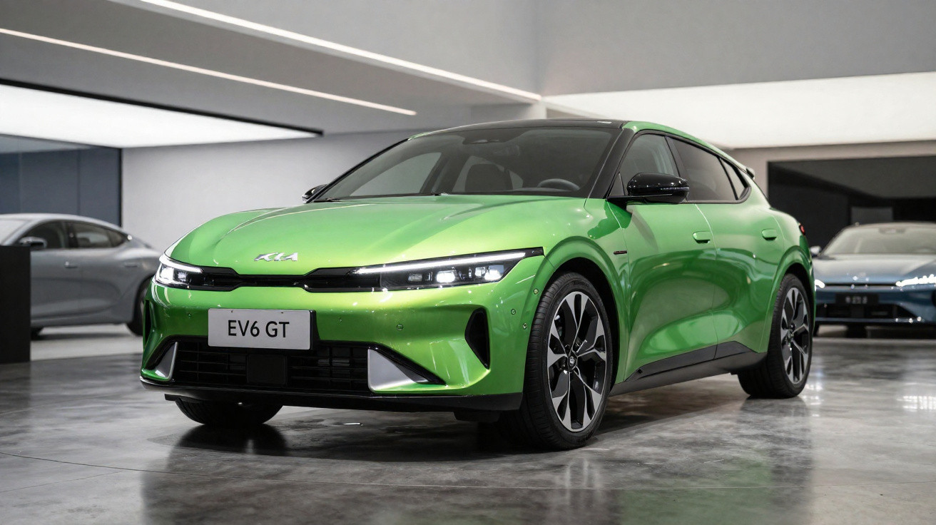 Carro elétrico verde Kia EV6 GT estacionado em ambiente interno moderno e iluminado.