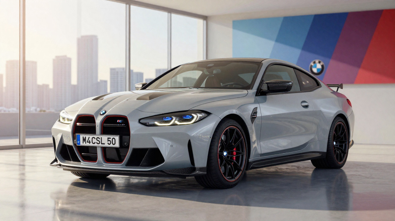 Carro esportivo cinza BMW M4 CSL em showroom com vista para cidade ao fundo.