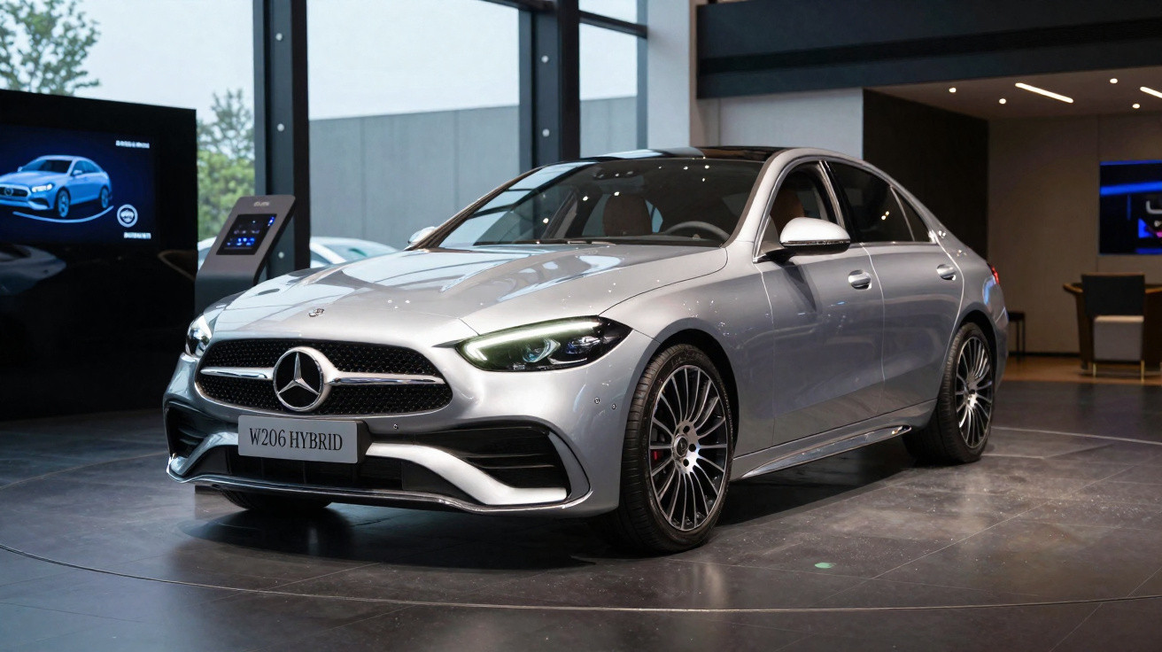 Carro Mercedes-Benz W206 Hybrid prata em exposição interna com iluminação moderna.