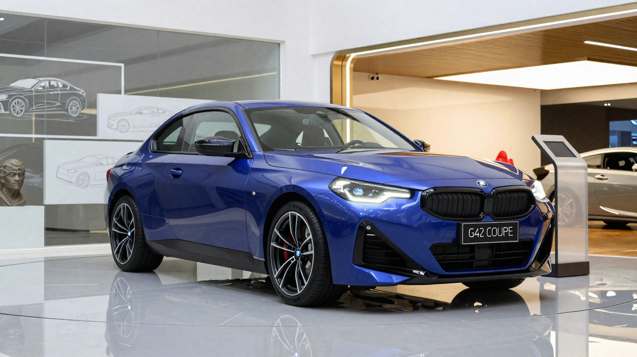 Carro BMW azul modelo G42 Coupe em exposição dentro de ambiente moderno e iluminado.