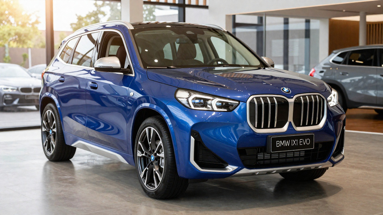 Carro SUV azul BMW IX1 EVO em showroom moderno com iluminação natural.
