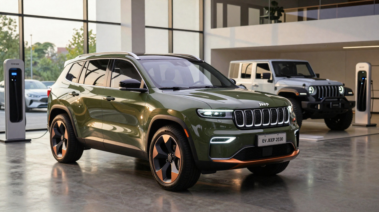 SUV elétrico Jeep EV verde em showroom com outro veículo Jeep branco ao fundo sendo carregadores visíveis.