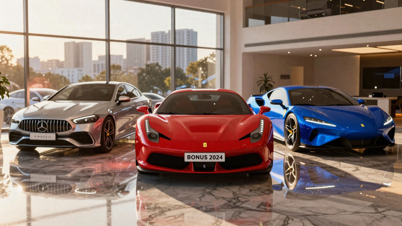 Showroom com três carros de luxo: Mercedes prata, Ferrari vermelha e Ferrari azul.