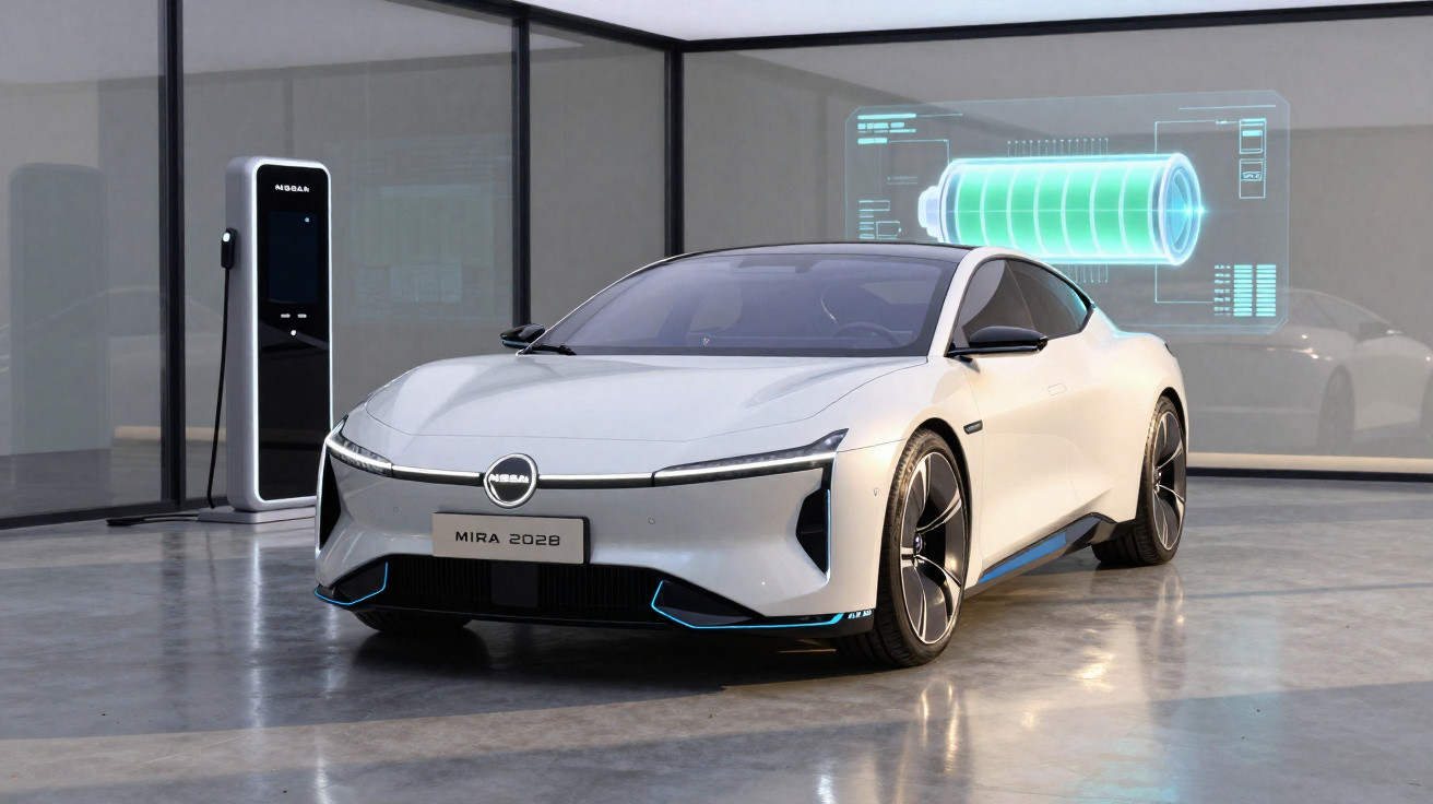 Carro elétrico branco modelo Mira 2028 estacionado em ambiente moderno com carregador e display de bateria.