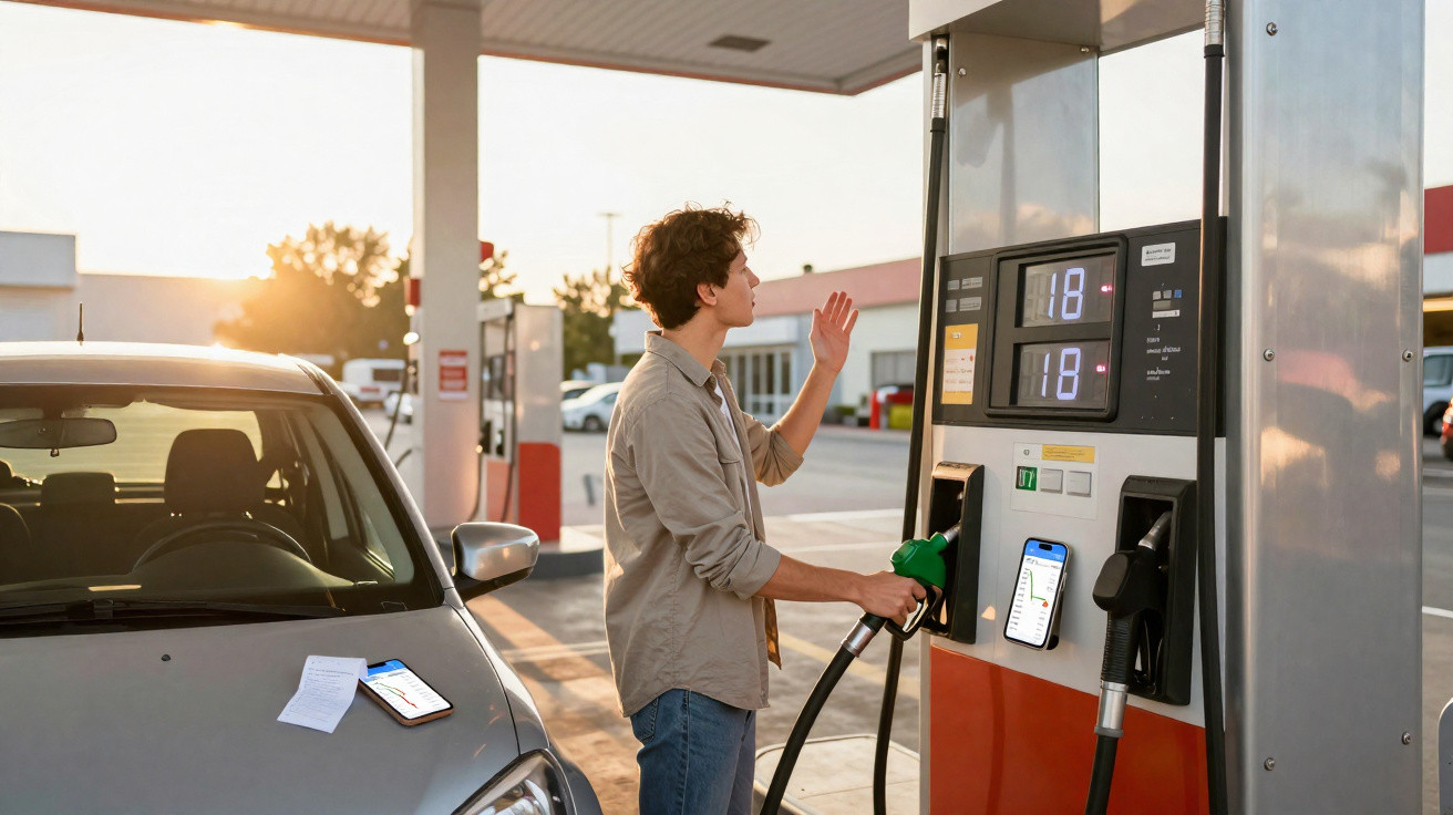 Homem abastecendo carro em posto de gasolina ao pôr do sol, conferindo valores na bomba.