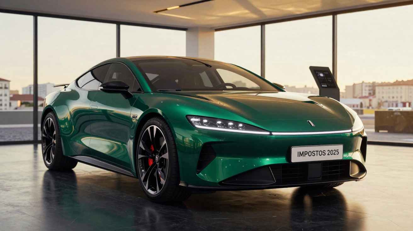 Carro elétrico esportivo verde exibido em ambiente interno com placa escrita "IMPOSTOS 2025".