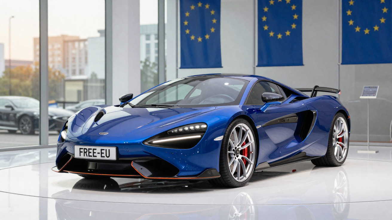 Carro esportivo azul reluzente em exposição com bandeiras da União Europeia ao fundo.