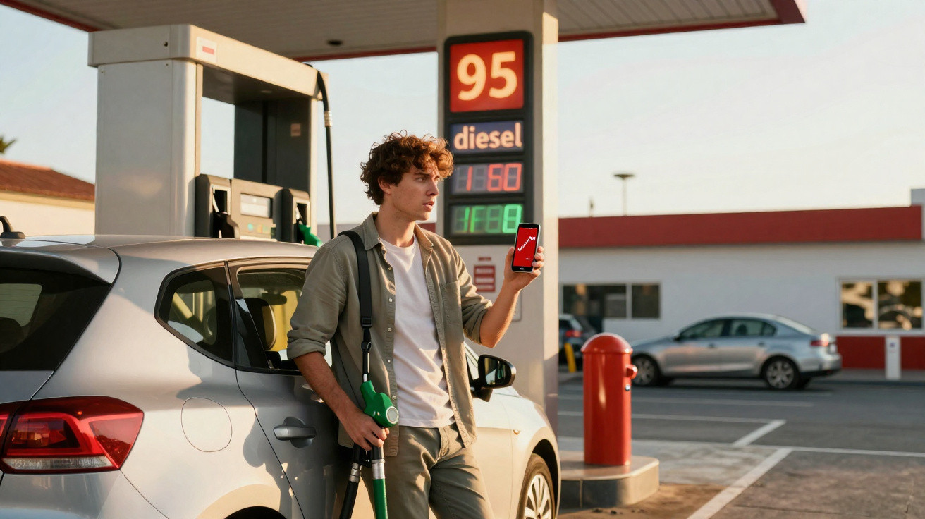 Jovem com bomba de combustível na mão e celular em posto de gasolina ao pôr do sol.