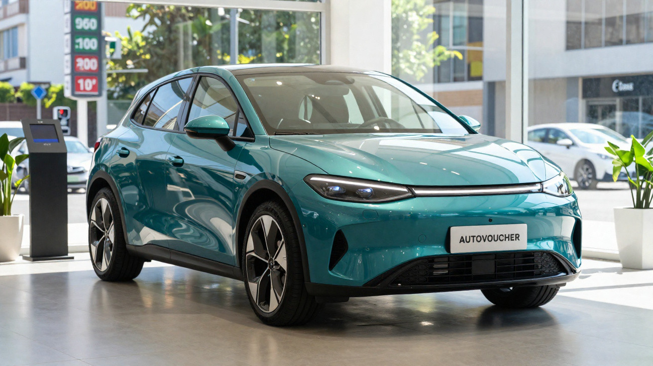 Carro elétrico azul exposto em showroom com luz natural e vasos ao redor.