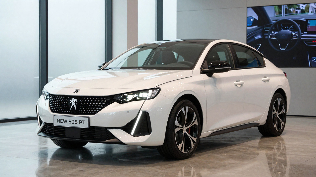 Carro branco Peugeot 508 PT exibido em showroom com faróis acesos e rodas esportivas.