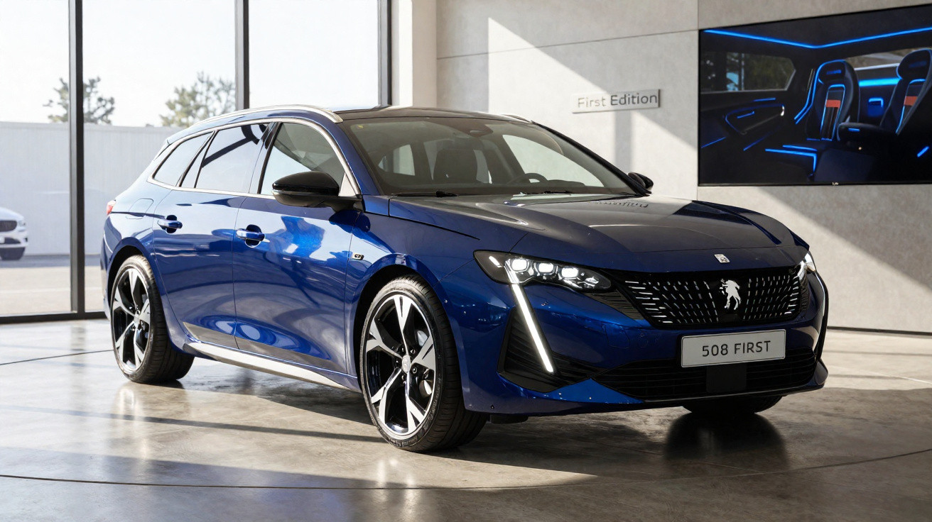 Carro Peugeot 508 First Edition azul escuro estacionado em ambiente interno moderno.