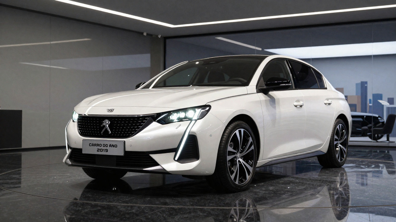 Carro branco Peugeot modelo 508 2019 em exposição com faróis acesos em ambiente moderno.