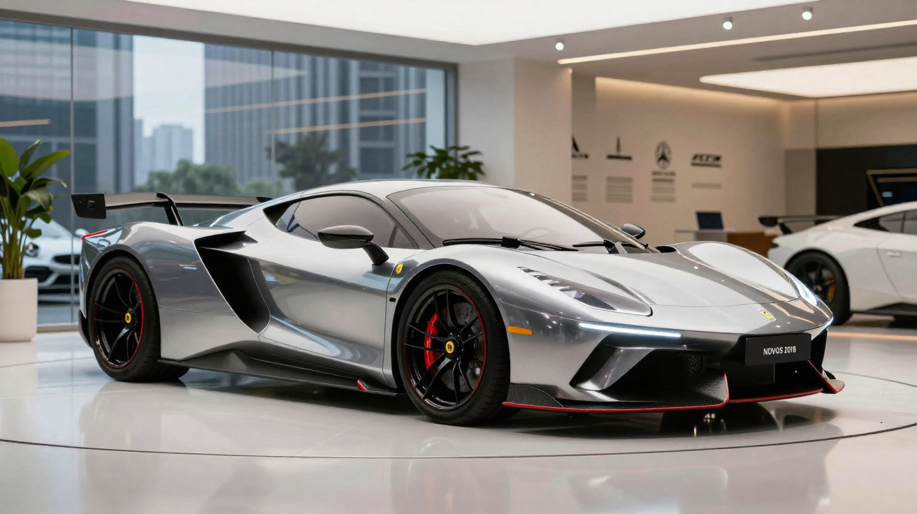 Carro esportivo prata com detalhes em vermelho em exibição em showroom moderno e minimalista.