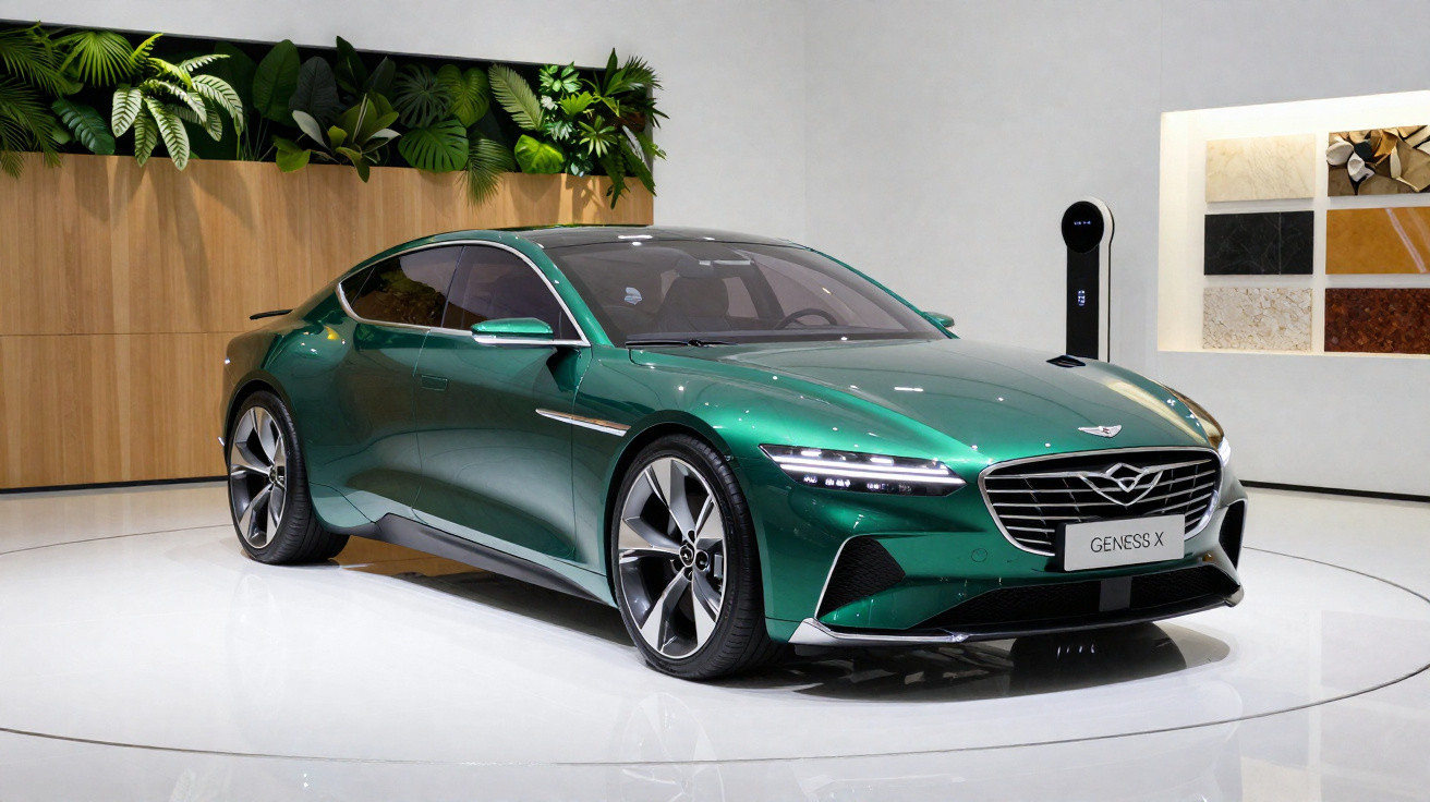 Carro esportivo verde metálico Genesis X em exposição com plantas ao fundo e carregador elétrico.