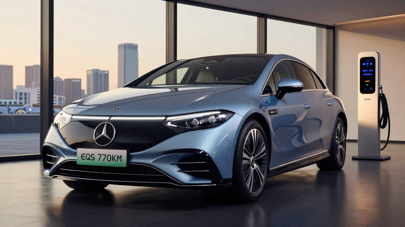 Carro elétrico Mercedes EQS 770KM azul estacionado em ambiente interno próximo a estação de recarga.