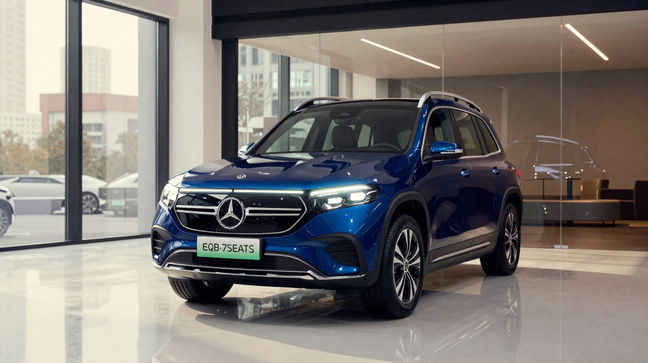 Carro SUV elétrico Mercedes-Benz EQB azul estacionado em showroom moderno e iluminado.