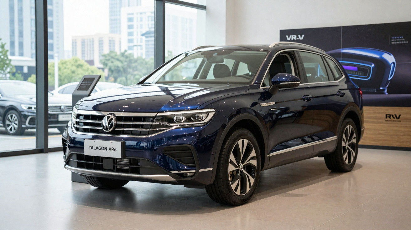 SUV Volkswagen Talagon VR6 azul escuro exposto em showroom moderno com grande janela de vidro.