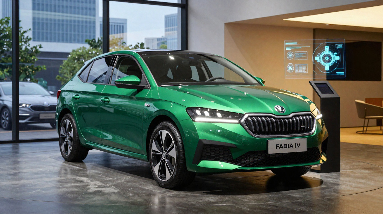 Carro verde Skoda Fabia IV estacionado em showroom moderno, com painéis digitais ao fundo.