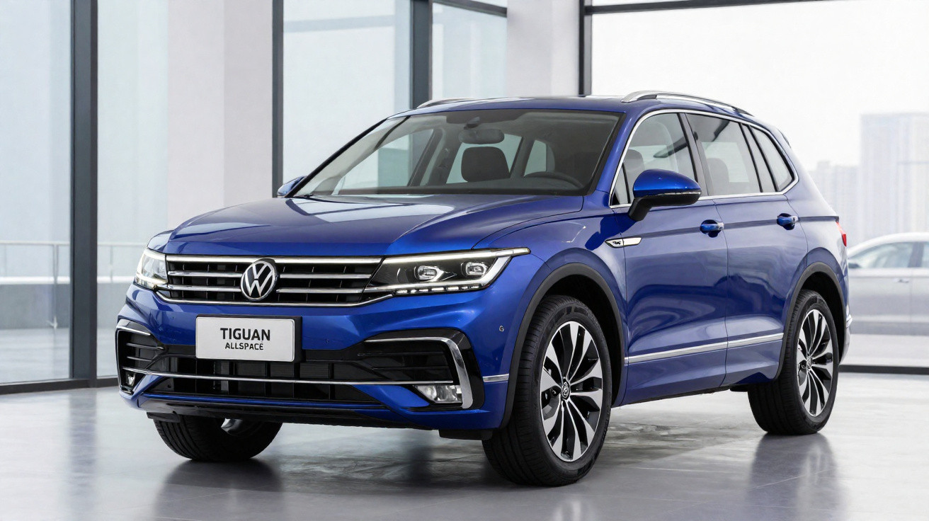 SUV Volkswagen Tiguan Allspace azul estacionado em ambiente interno com janelas amplas ao fundo.