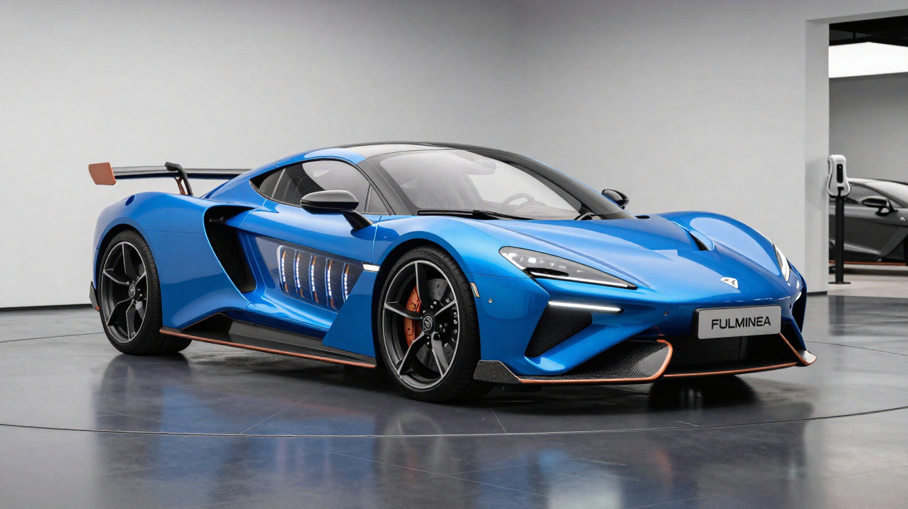 Carro esportivo azul elétrico com design aerodinâmico em salão com piso refletivo.