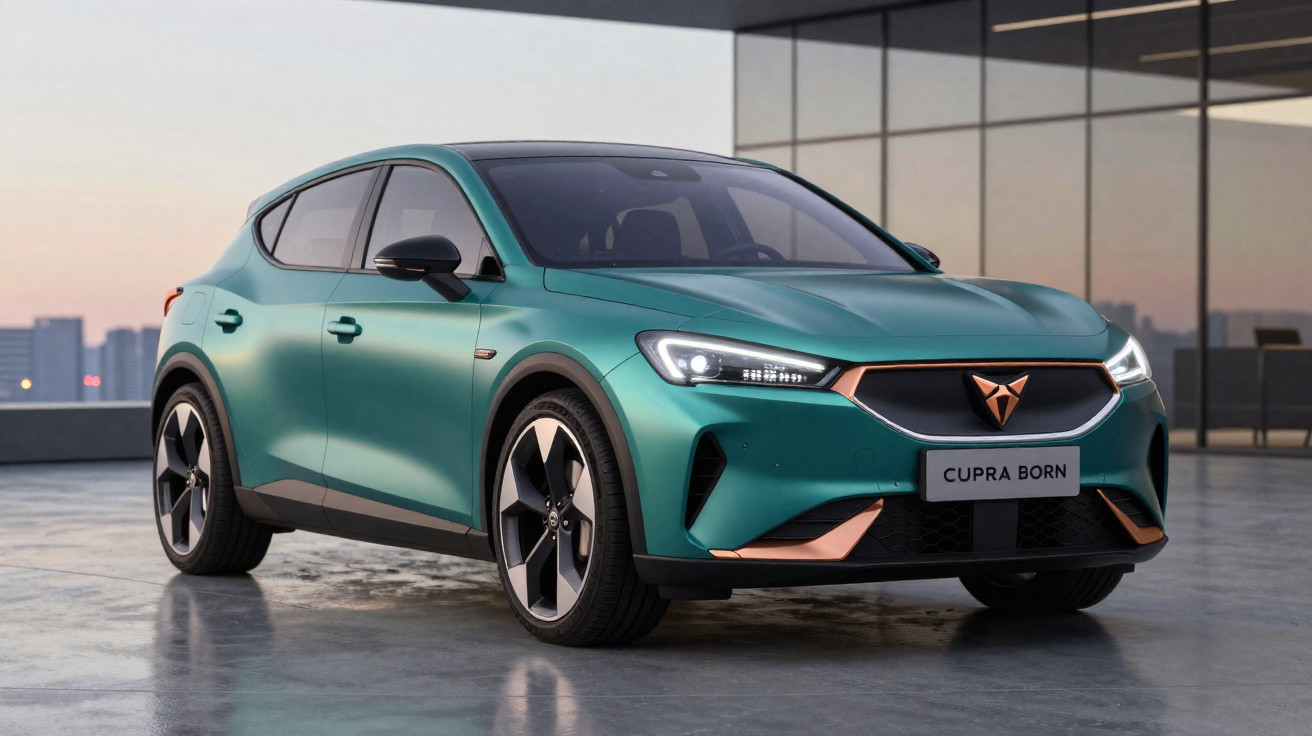 Carro elétrico Cupra Born verde metálico estacionado em ambiente urbano moderno ao entardecer.