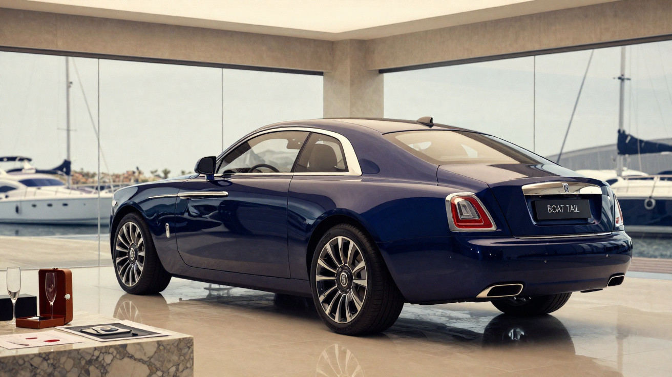 Carro de luxo azul com detalhes cromados em garagem com vista para iates atracados no mar.