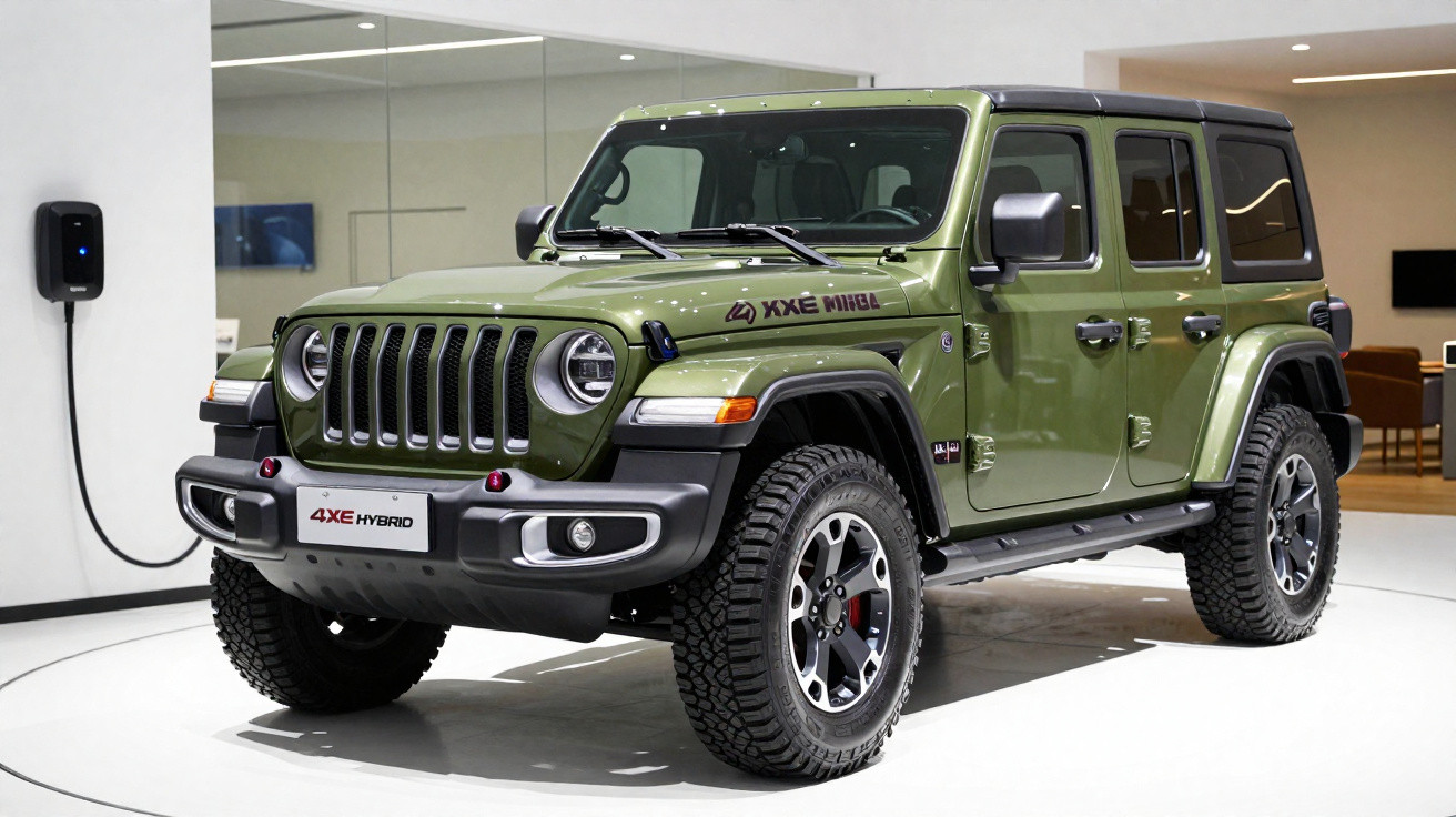 Jeep Wrangler 4XE híbrido verde, elétrico plugado em parede dentro de showroom moderno.