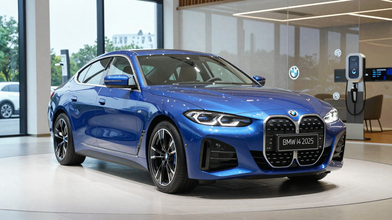 Carro BMW i4 2025 azul exposto em showroom moderno com paredes de vidro e estação de carregamento elétrico.