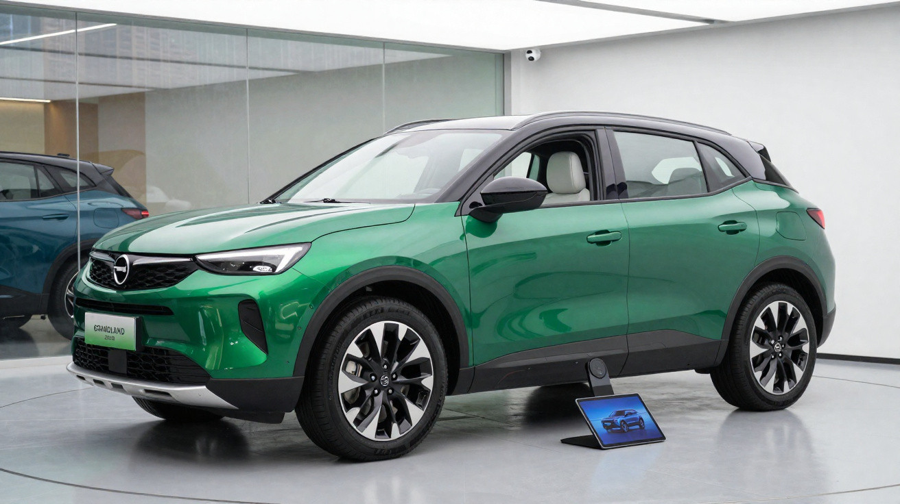 Carro SUV verde Opel Grandland estacionado em showroom moderno com parede de vidro ao fundo.