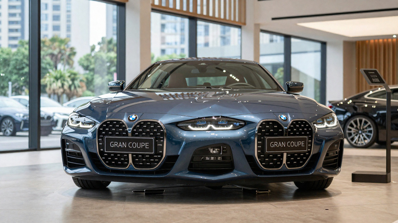 Carro BMW Gran Coupe azul em exposição dentro de showroom moderno com janelas amplas.