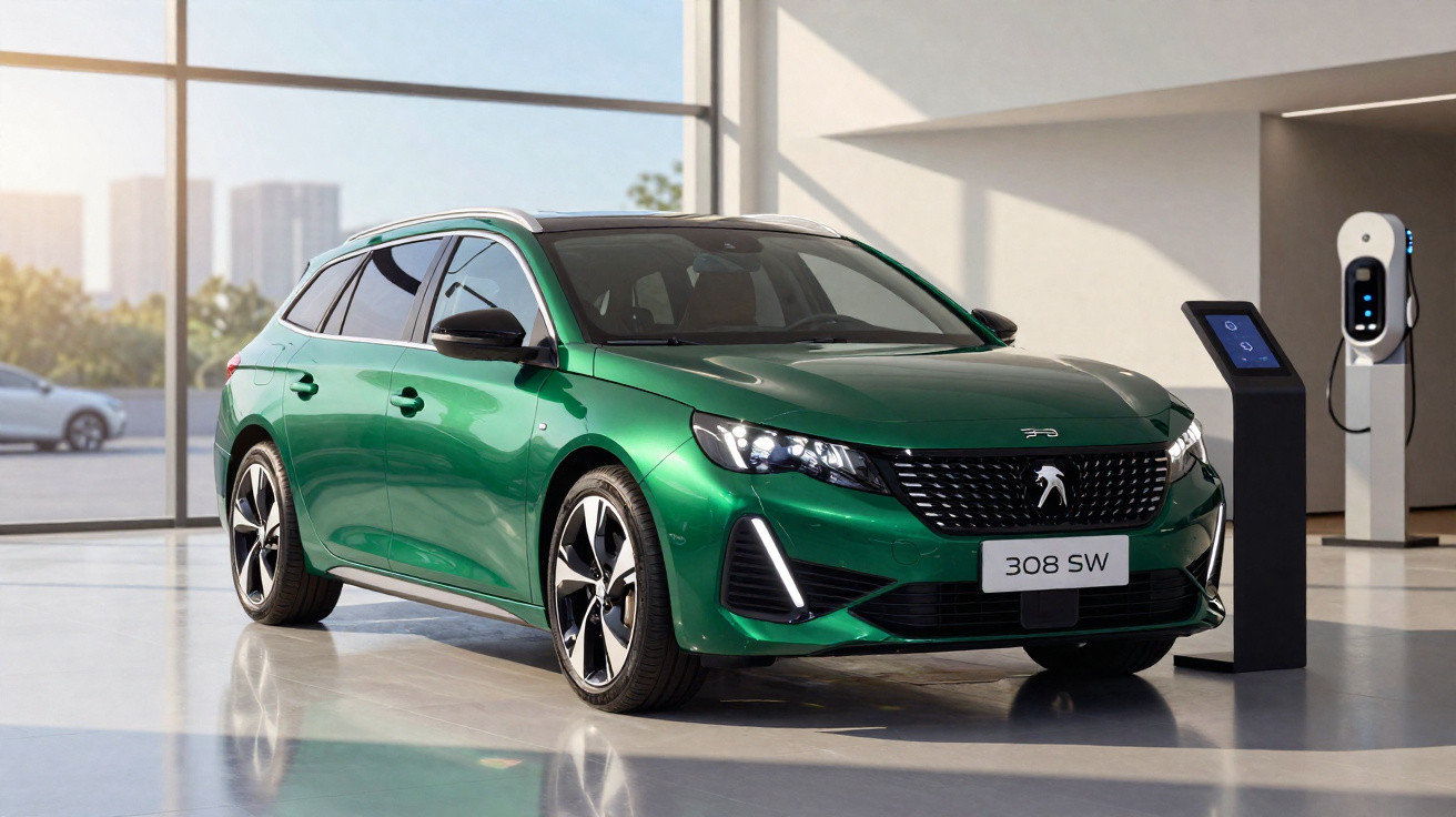 Carro verde Peugeot 308 SW estacionado em showroom moderno com carregador elétrico ao lado.